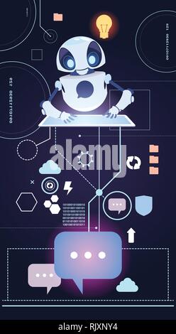 Chatbot Robot Technology, Chatter Bot Answer Questions Using Digital Tablet Virtual Assistance Concept Stock Vector