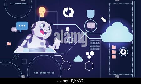 Chatbot Robot Technology, Chatterbot Using Digital Tablet Virtual Assistance And Web Support Concept Stock Vector