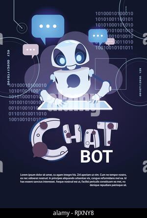 Chatbot Robot Technology, Chatterbot Using Digital Tablet Virtual Assistance And Web Support Concept Template Banner With Copy Space Stock Vector
