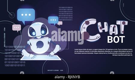 Chatbot Technology, Robotic Chatter Using Digital Tablet Virtual Assistance And Web Support Concept Template Banner With Copy Space Stock Vector