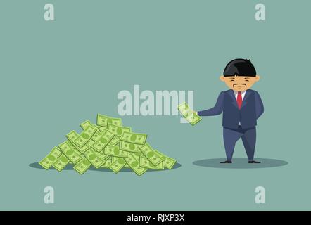 Asian Business Man Throwing Dollars In Big Heap Rich Cartoon Chinese Business Man Financial Success Concept Stock Vector