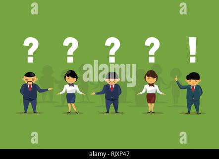 Asian Business People With Question And Exclamation Marks Over Green Background Chinese Office Workers Group Stock Vector