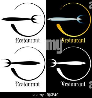 stylized plate and fork in the form of fish, minimalist logo Stock Vector
