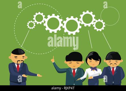 Group Of Asian Business People Brainstorming Meeting Cog Wheel Background Team Thinking New Ideas Stock Vector