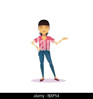 Cartoon Asian Woman Holding Hand Gesture Presenting Or Showing Isolated Over White Background Stock Vector