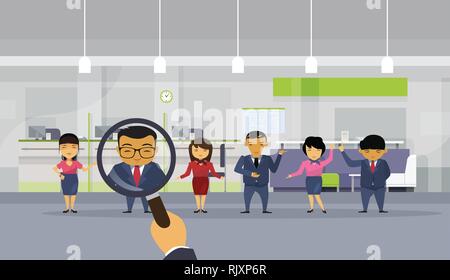 Hr Hand Hold Magnifying Glass Choosing Businessman From Asian Business People Candidate For Vacancy Position, Recruitment Concept Stock Vector