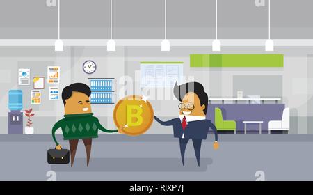 Asian Business Man Giving Employee Worker Bitcoin Coin Financial Success Cryptocurrency Mining Concept Stock Vector