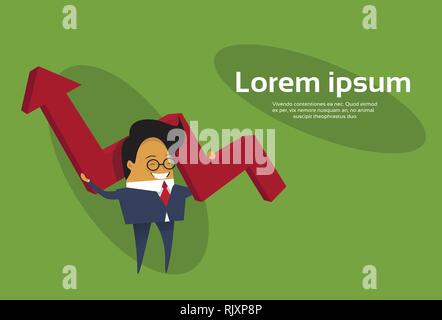 Cartoon Asian Business Man Hold Red Arrow Up Financial Growth Concept Stock Vector