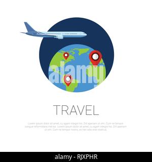 Flying Around World Plane And Map Pointers On Earth Globe Over Template White Background Travel Concept Stock Vector
