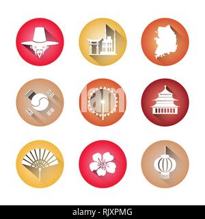 South Korea Symbols Set Of Icons Traditional Clothing Buildings Korean Map Flag Silhouettes Stock Vector