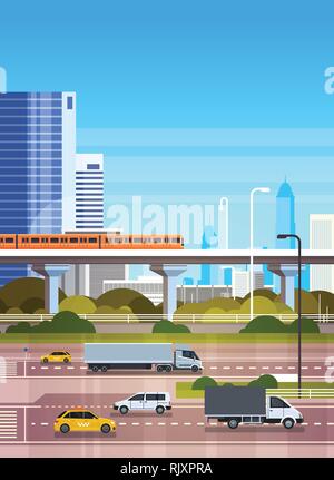 Urban Background Modern Cityscape With Highway Road And Subway Over Skyscrapers View Stock Vector