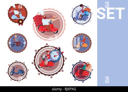 Fast Food Delivery Icons Set Template Logos In Vintage Style Courier Service Collection Stock Vector