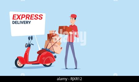 Express Delivery Asian Man Deliver Boxes With Retro Scooter Courier Service Template Banner Stock Vector