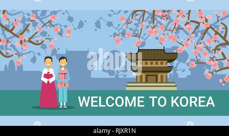Welcome To South Korea Banner, Korean Coupe In Traditional Costumes Over Seoul Landmarks Stock Vector