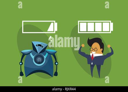 Modern Robotic And Business Man With Battery Signs Icon Human Vs Robots ...
