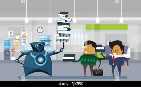 Human vs robot workers flat vector illustration. Humanoid and manager ...