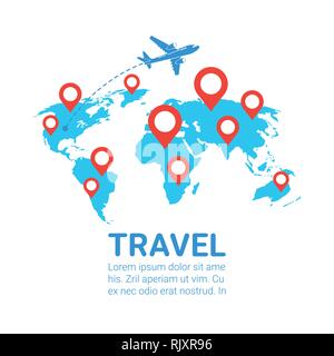 World Travel By Plane Template Banner Airplane Fly Over Earth Map With Red Navigation Pointers Stock Vector