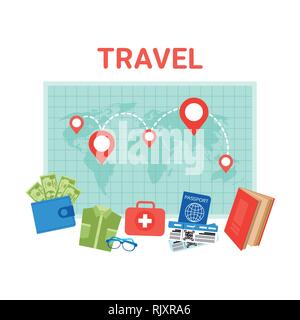 Travel Planning Background Pointers On World Map Baggage Items Icons Stock Vector