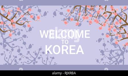 Welcome To Korea Travelling Poster With Pink Sakura Tree Flowers On Background Stock Vector