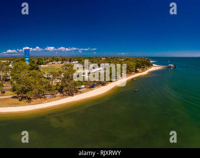 Aerial drone view of Bongaree Jetty on Bribie Island, Sunshine Coast, Queensland, Australia Stock Photo