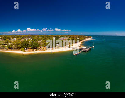 Aerial drone view of Bongaree Jetty on Bribie Island, Sunshine Coast, Queensland, Australia Stock Photo