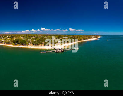 Aerial drone view of Bongaree Jetty on Bribie Island, Sunshine Coast, Queensland, Australia Stock Photo