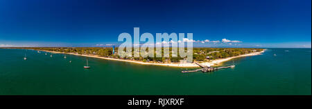 Aerial drone view of Bongaree Jetty on Bribie Island, Sunshine Coast, Queensland, Australia Stock Photo