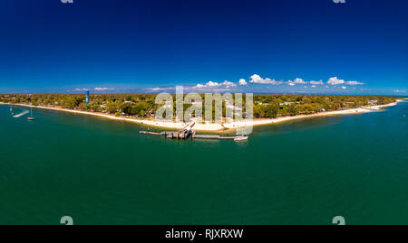 Aerial drone view of Bongaree Jetty on Bribie Island, Sunshine Coast, Queensland, Australia Stock Photo