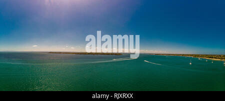 Aerial drone view of Bongaree Jetty on Bribie Island, Sunshine Coast, Queensland, Australia Stock Photo