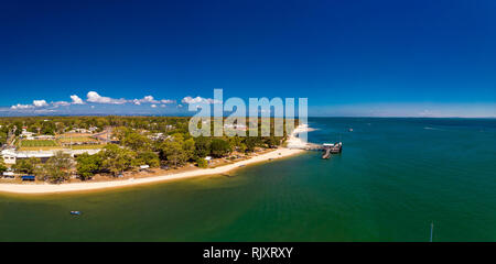 Aerial drone view of Bongaree Jetty on Bribie Island, Sunshine Coast, Queensland, Australia Stock Photo