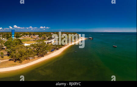 Aerial drone view of Bongaree Jetty on Bribie Island, Sunshine Coast, Queensland, Australia Stock Photo