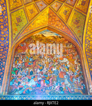 ISFAHAN, IRAN - OCTOBER 19, 2017: The huge frescoe in main hall of Chehel Sotoun Palace depicts the scenes from The Battle of Karnal, on October 19 in Stock Photo