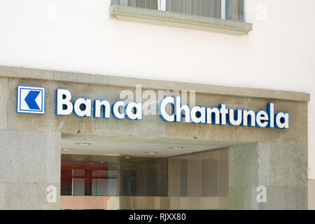 SANKT MORITZ, SWITZERLAND - AUGUST 16, 2018: Banca Chantunela, swiss bank sign in Sankt Moritz, Switzerland Stock Photo