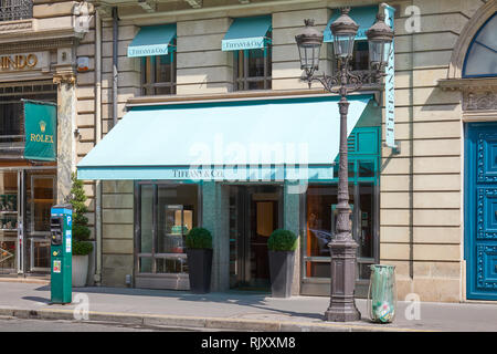 PARIS, FRANCE - JULY 07, 2018: Tiffany luxury jewelry store in a sunny summer day in Paris Stock Photo