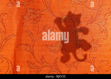 cat silhouette from sunlight on curtain, texture and background. Stock Photo