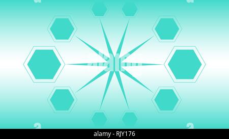 Big star connected to ten hexagons, mint green color background Stock Vector