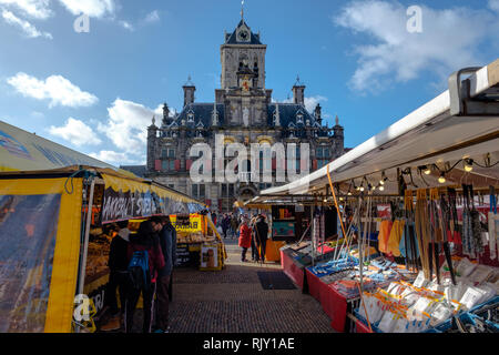People shopping on the market at the Market square in the center of Delft, Netherlands Stock Photo