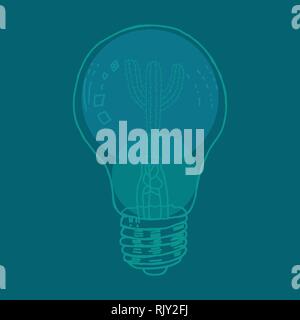 Hand drawn Ecological light bulb cactus vector in a green and teal colors palette Stock Vector