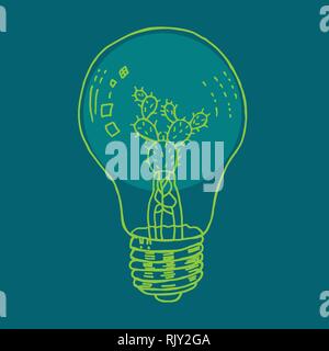 Hand drawn Ecological light bulb cactus vector in a light green and teal colors palette Stock Vector