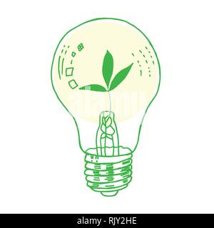 Hand drawn Ecological light bulb leaf vector in green colors palette Stock Vector