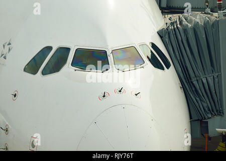 HONG KONG - NOVEMBER 03, 2015: The Airbus A380 of Singapore Airlines. Singapore Airlines Limited is the flag carrier of Singapore with its hub at Chan Stock Photo