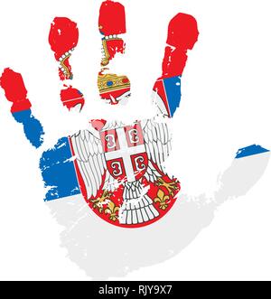 Serbia flag and hand on white background. Vector illustration Stock Vector