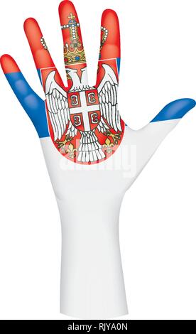 Serbia flag and hand on white background. Vector illustration Stock Vector