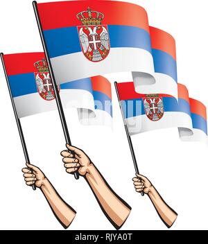 Serbia flag and hand on white background. Vector illustration Stock Vector