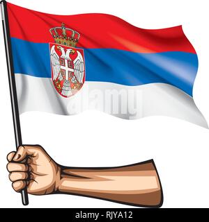 Serbia flag and hand on white background. Vector illustration Stock Vector