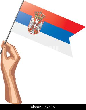 Serbia flag and hand on white background. Vector illustration Stock Vector