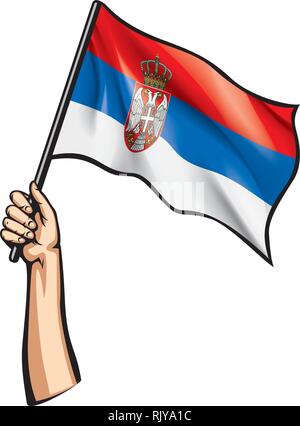 Serbia flag and hand on white background. Vector illustration Stock Vector