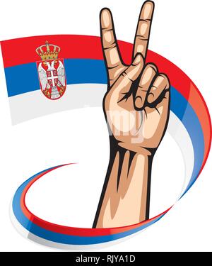 Serbia flag and hand on white background. Vector illustration Stock Vector