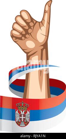 Serbia flag and hand on white background. Vector illustration Stock Vector