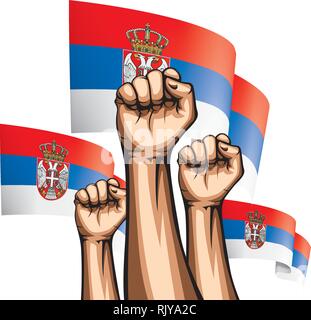 Serbia flag and hand on white background. Vector illustration Stock Vector